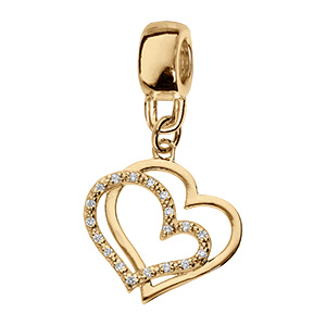 Charms coulissant en vermeil suspendu double coeurs oxydes blancs sertis