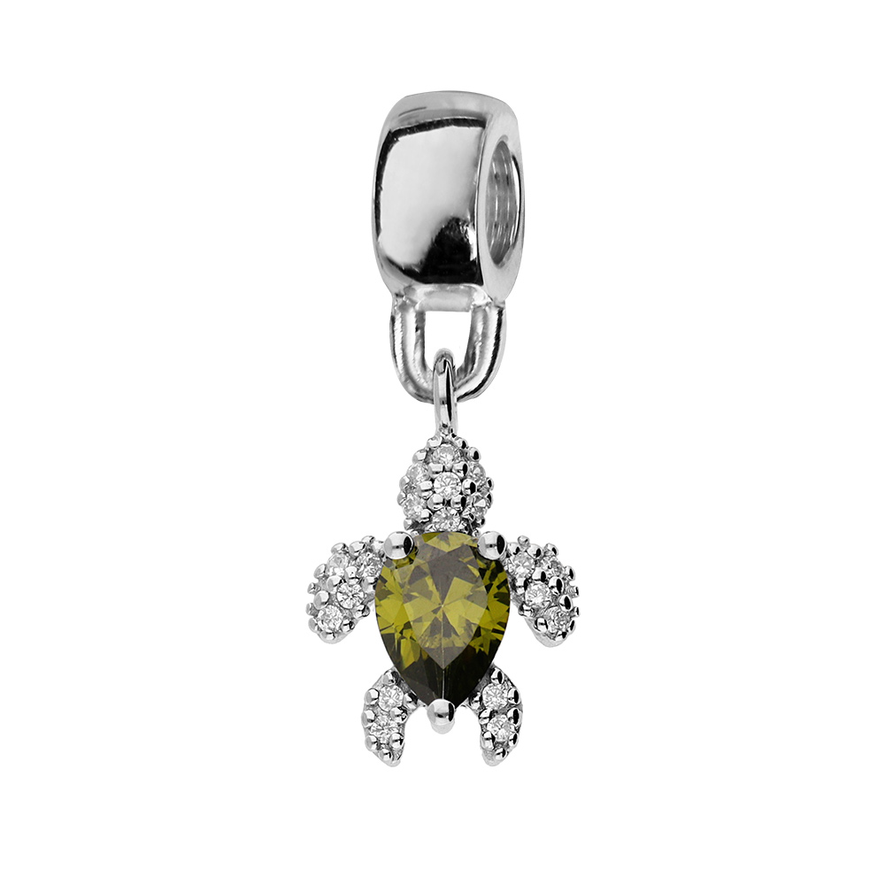 Charms en argent platin tortue en oxyde vert et blanc suspendu - Vue 1