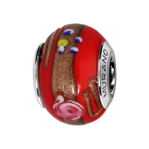 Charms en argent rhodié verre de Murano véritable rouge avec motifs et dorure - Vue 1
