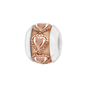 Charms Thabora boule en céramique blanche avec 1 bande en argent et PVD rose ornée de coeurs ouvragés - Vue 1