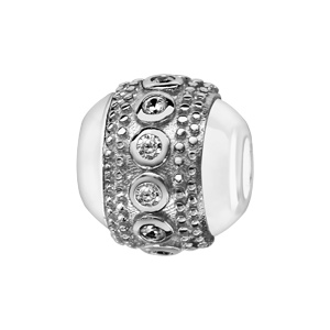 Charms Thabora boule en céramique blanche avec 1 bande en argent rhodié cloutée aux bords et ornée d\'oxydes blancs sertis clos au milieu - Vue 1