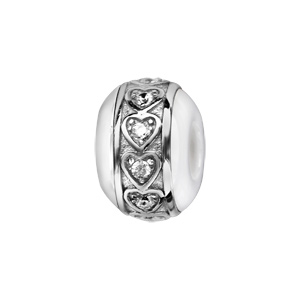 Charms Thabora boule en céramique blanche avec 1 bande en argent rhodié ornée de coeurs avec oxydes blancs sertis clos à l\'intérieur - Vue 1
