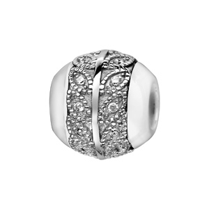 Charms Thabora boule en céramique blanche avec 1 bande en argent rhodié ornée de feuilles avec oxydes blancs à l\'intérieur - Vue 1