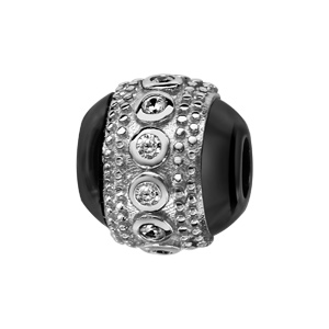 Charms Thabora boule en céramique noire avec 1 bande en argent rhodié cloutée aux bords et ornée d\'oxydes blancs sertis clos au milieu - Vue 1