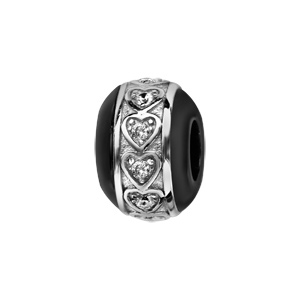 Charms Thabora boule en céramique noire avec 1 bande en argent rhodié ornée de coeurs avec oxydes blancs sertis clos à l\'intérieur - Vue 1