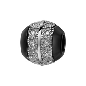 Charms Thabora boule en céramique noire avec 1 bande en argent rhodié ornée de feuilles avec oxydes blancs à l\'intérieur - Vue 1