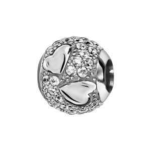 Charms Thabora en argent rhodi boule orne d\'oxydes blancs et de coeurs lisses - Vue 1