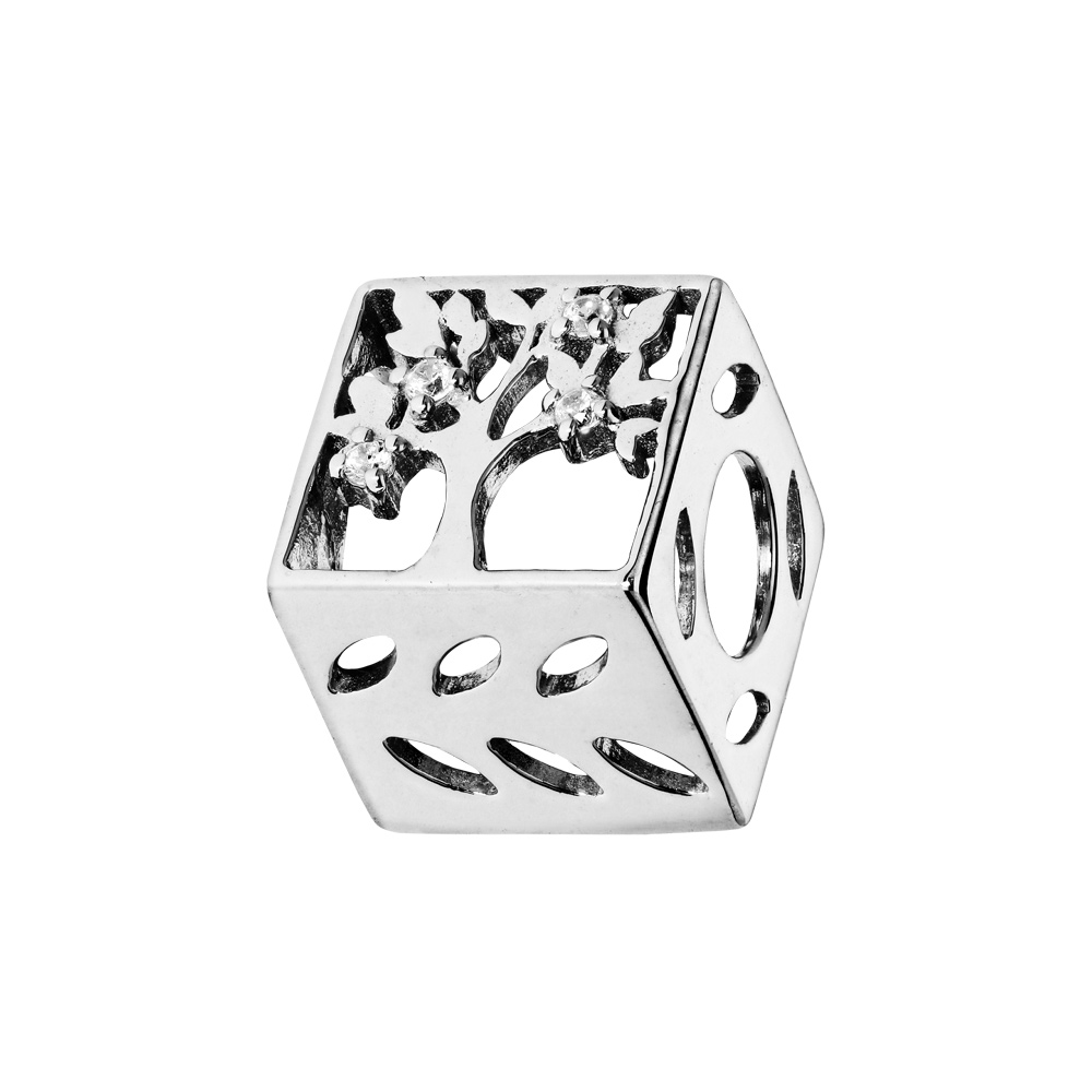 Charms Thabora en argent rhodi� cube avec arbre de vie ajour� et oxydes blancs - Vue 1