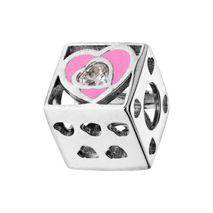 Charms Thabora en argent rhodi cube avec coeurs rose et oxyde blanc - Vue 1