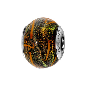 Charms Thabora en argent rhodié et verre de Murano noir moucheté orange et vert avec filament orange - Vue 1