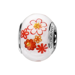 Charms Thabora en argent rhodié et verre de Murano véritable blanc avec fleurs oranges - Vue 1