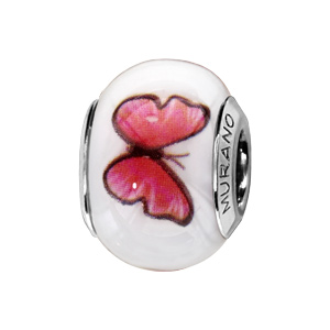 Charms Thabora en argent rhodié et verre de Murano véritable blanc avec papillons rose-rouge - Vue 1
