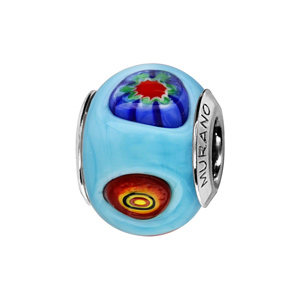 Charms Thabora en argent rhodié et verre de Murano véritable bleu ciel décoré de gouttes multicolores - Vue 1
