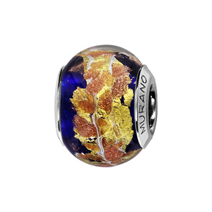 Charms Thabora en argent rhodié et verre de Murano véritable bleu foncé avec feuilles dorées et moucheté cuivré - Vue 1