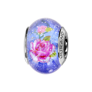 Charms Thabora en argent rhodi et verre de Murano vritable bleu paillet avec fleurs roses - Vue 1