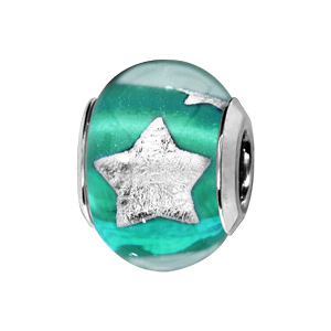 Charms Thabora en argent rhodié et verre de Murano véritable bleu vert avec étoiles argentées - Vue 1