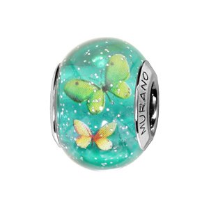 Charms Thabora en argent rhodi et verre de Murano vritable bleu vert paillet avec papillons verts et jaunes - Vue 1