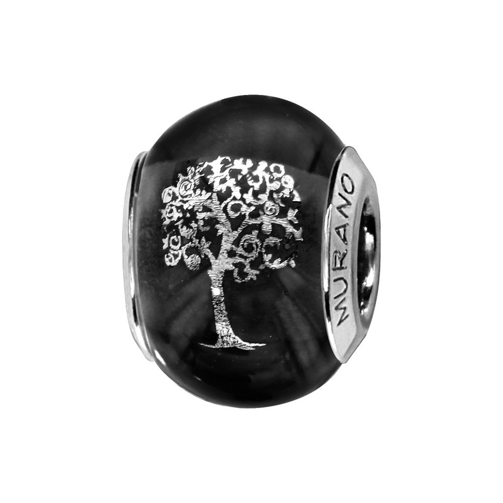 Charms Thabora en argent rhodi� et verre de Murano v�ritable noir avec arbre de vie argent� - Vue 1