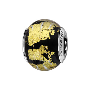 Charms Thabora en argent rhodié et verre de Murano véritable noir avec feuille dorée - Vue 1