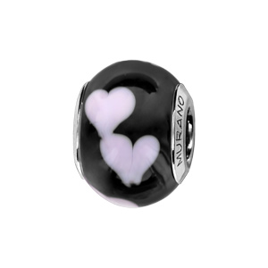 Charms Thabora en argent rhodié et verre de Murano véritable noir décoré de coeurs roses - Vue 1