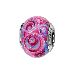 Charms Thabora en argent rhodi et verre de Murano vritable rose avec spirales rouges et violettes paillet - Vue 1