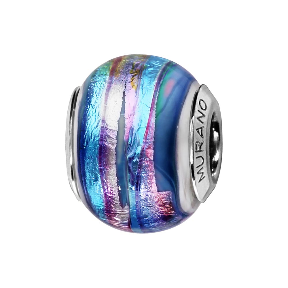 Charms Thabora en argent rhodi� et verre de Murano v�ritable rose rainur� bleu et violet - Vue 1