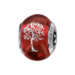 Charms Thabora en argent rhodi et verre de Murano vritable rouge avec arbre de vie argent - Vue 1