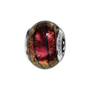 Charms Thabora en argent rhodié et verre de Murano véritable rouge et jaune orangé avec filets et effet givré noir - Vue 1