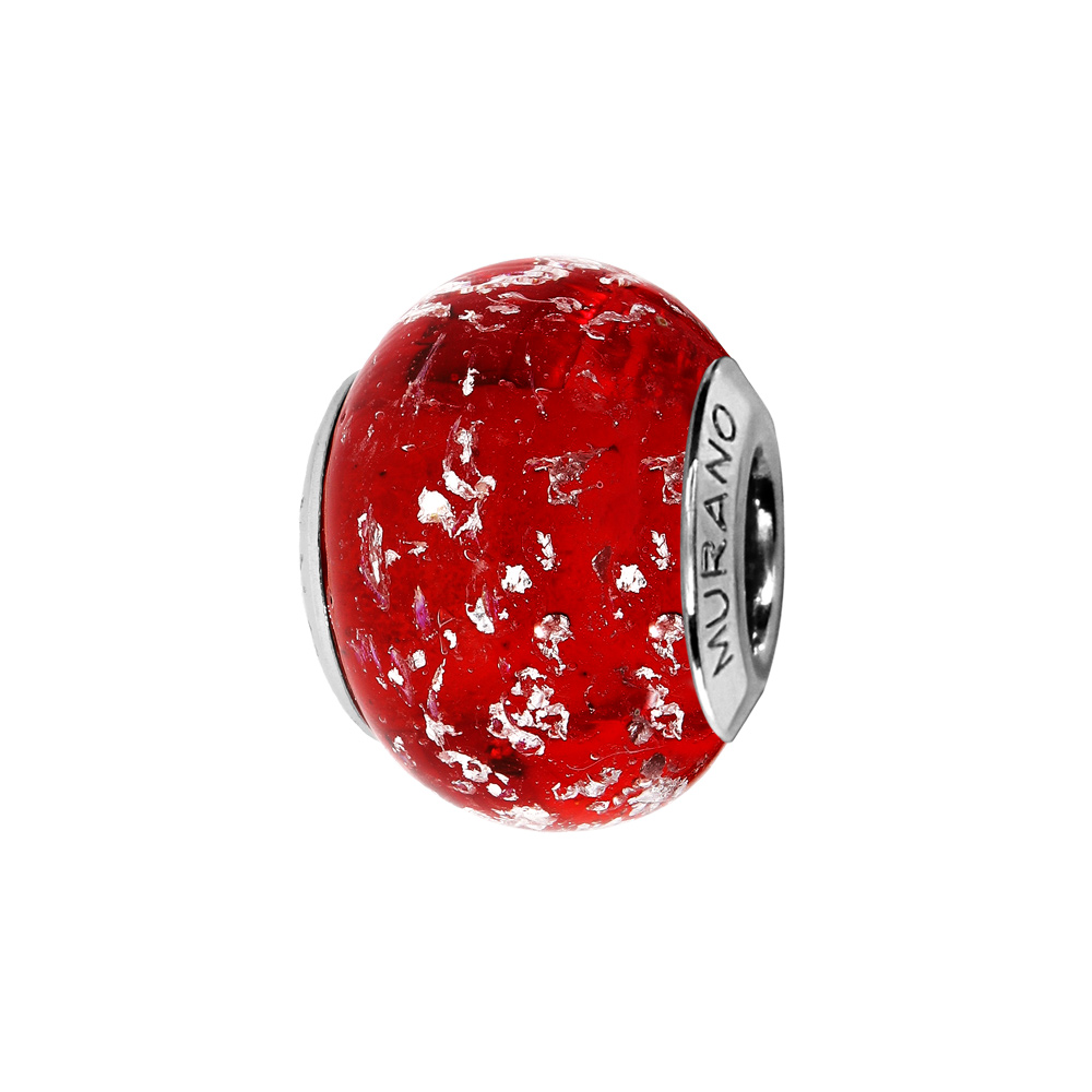 Charms Thabora en argent rhodi� et verre de Murano v�ritable rouge fonc� mouchet� argent� - Vue 1