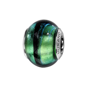 Charms Thabora en argent rhodi et verre de Murano vritable vert avec reflet bleut et filet noir - Vue 1