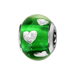 Charms Thabora en argent rhodié et verre de Murano véritable vert clair avec coeurs argentés - Vue 1