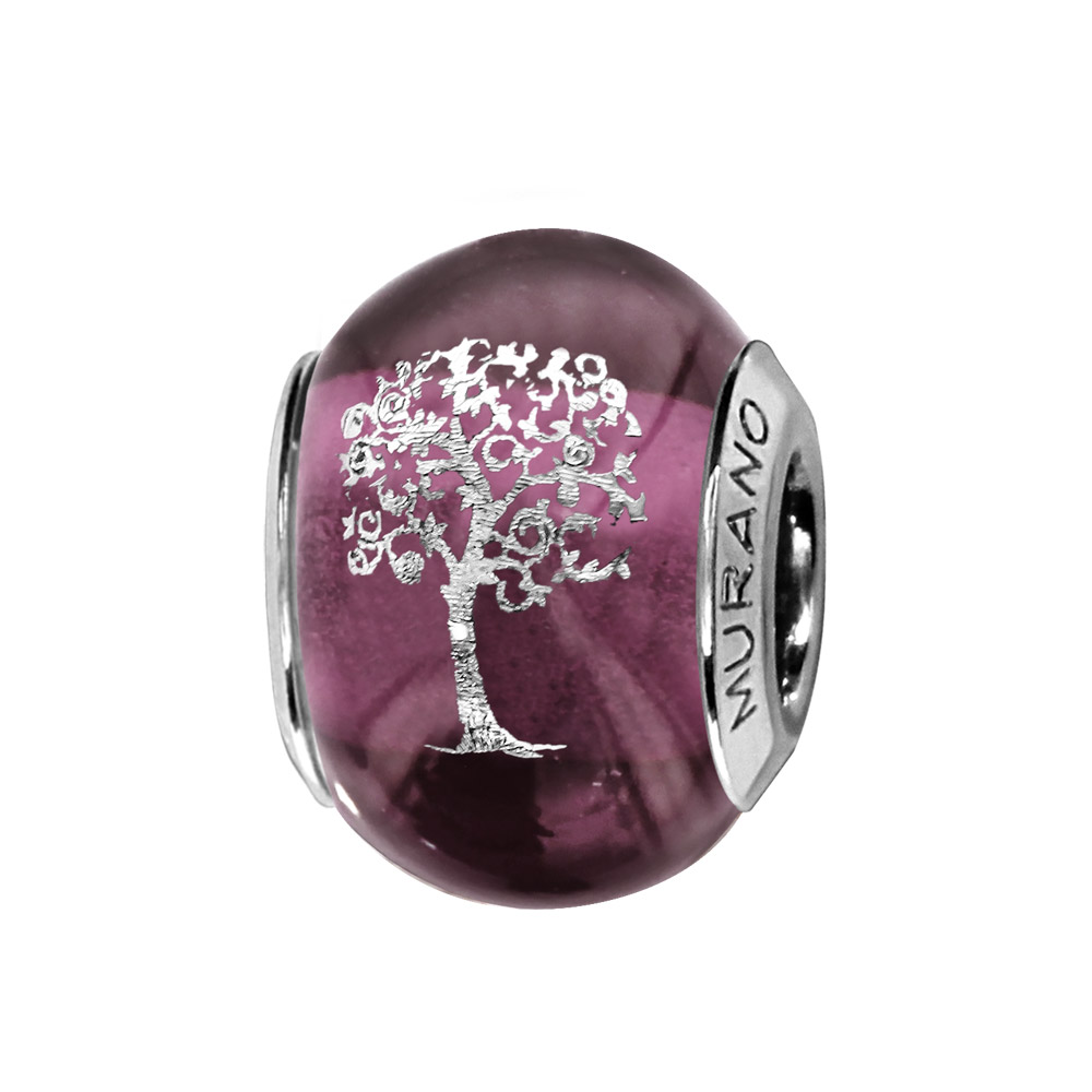 Charms Thabora en argent rhodi� et verre de Murano v�ritable violet avec arbre de vie argent� - Vue 1