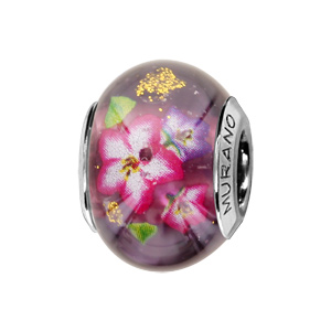 Charms Thabora en argent rhodi et verre de Murano vritable violet avec fleurs tropicales roses et violettes - Vue 1