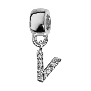 Charms Thabora en argent rhodi lettre V orne d\'oxydes blancs suspendu - Vue 1