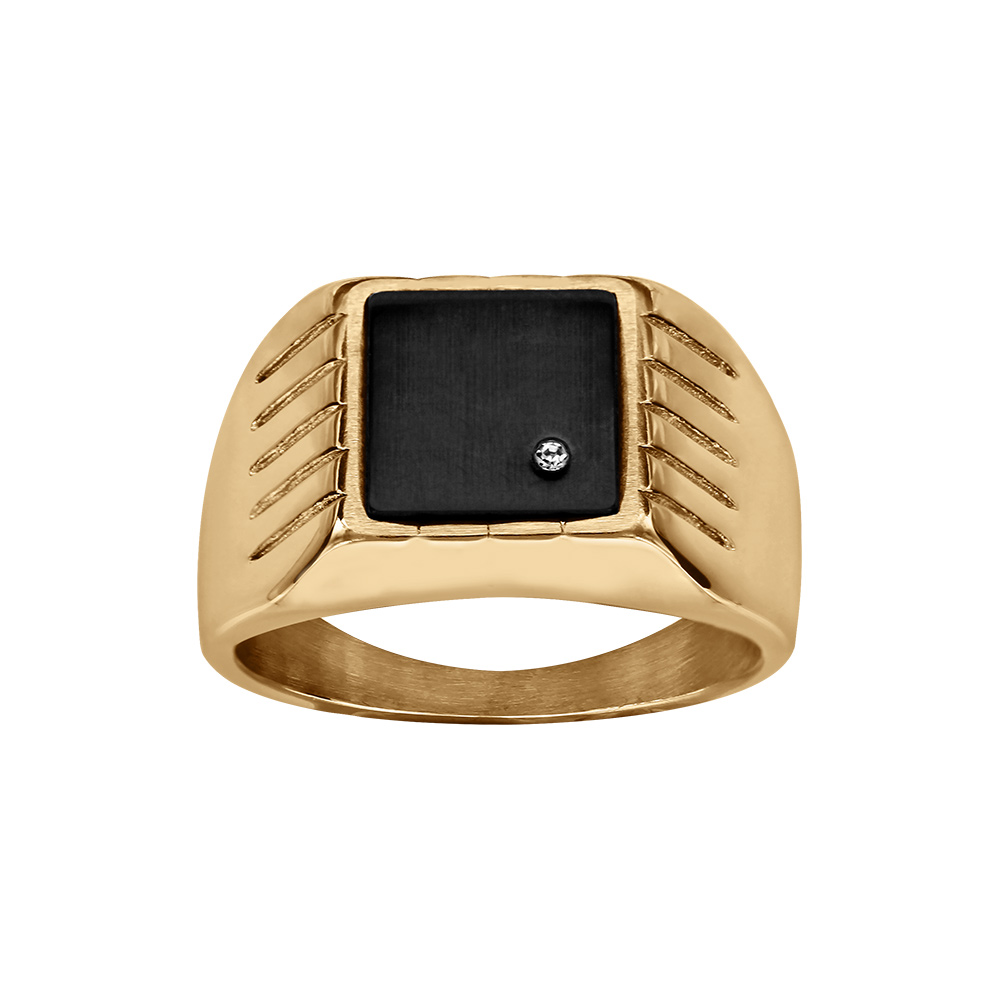 Chevaliere en acier dor� plateau carre 13 x 13mm PVD noir un strass - Vue 1