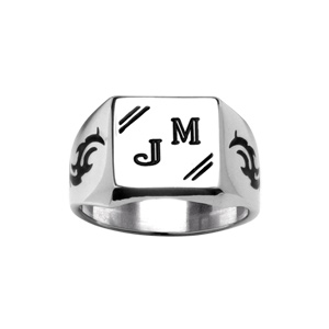 Chevalière en acier plateau carré 13mm X 13mm avec gravure motif tribal noir sur les côtés - Vue 1
