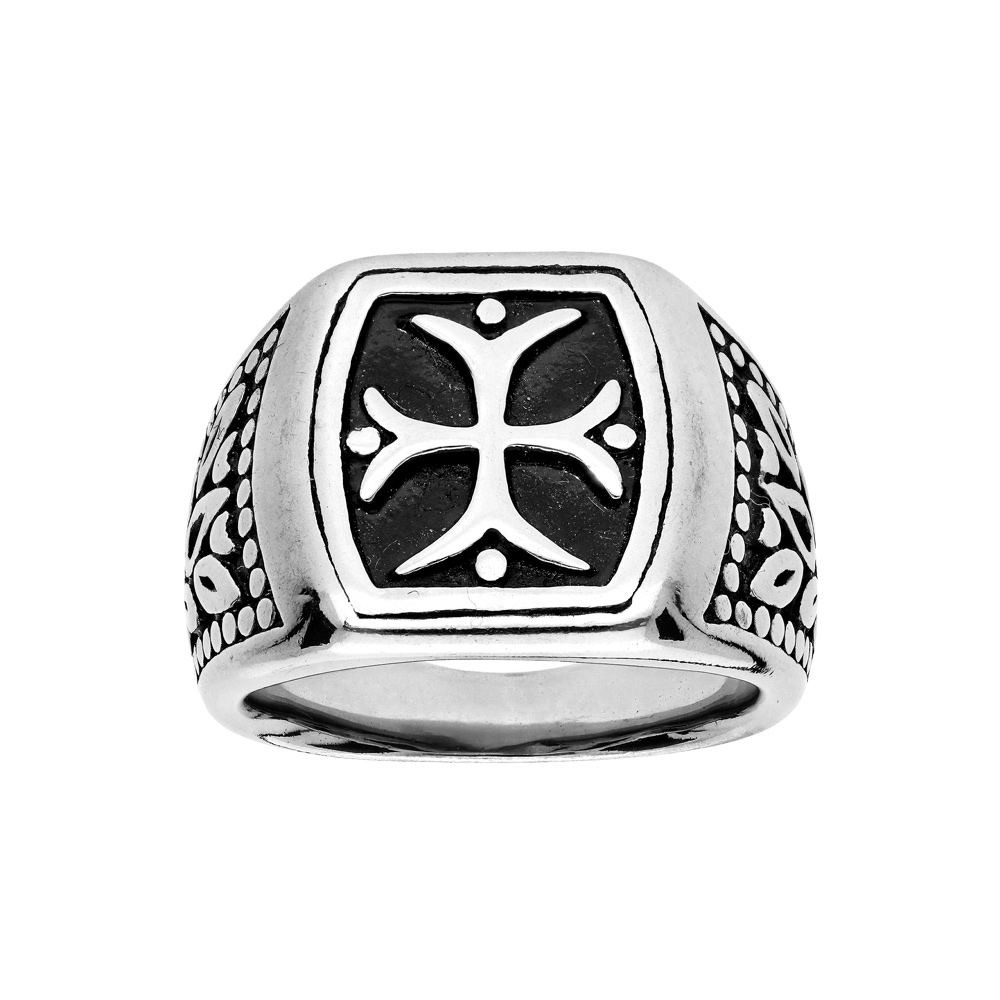 Chevali�re en acier plateau carr� avec croix des Templiers fond noir - Vue 1