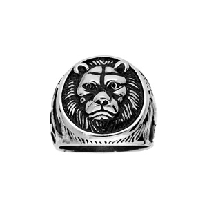 Chevalière en acier plateau rond avec motif tête de Lion - Vue 1