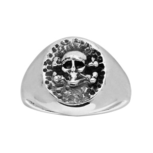 Chevalière en argent ovale brillante avec tête de mort patinee - Vue 1