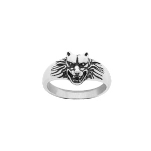 Chevalière en argent patiné brillant motif tête de loup - Vue 1