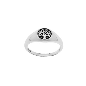 Chevalière en argent patiné brillant plateau rond motif arbre de vie - Vue 1
