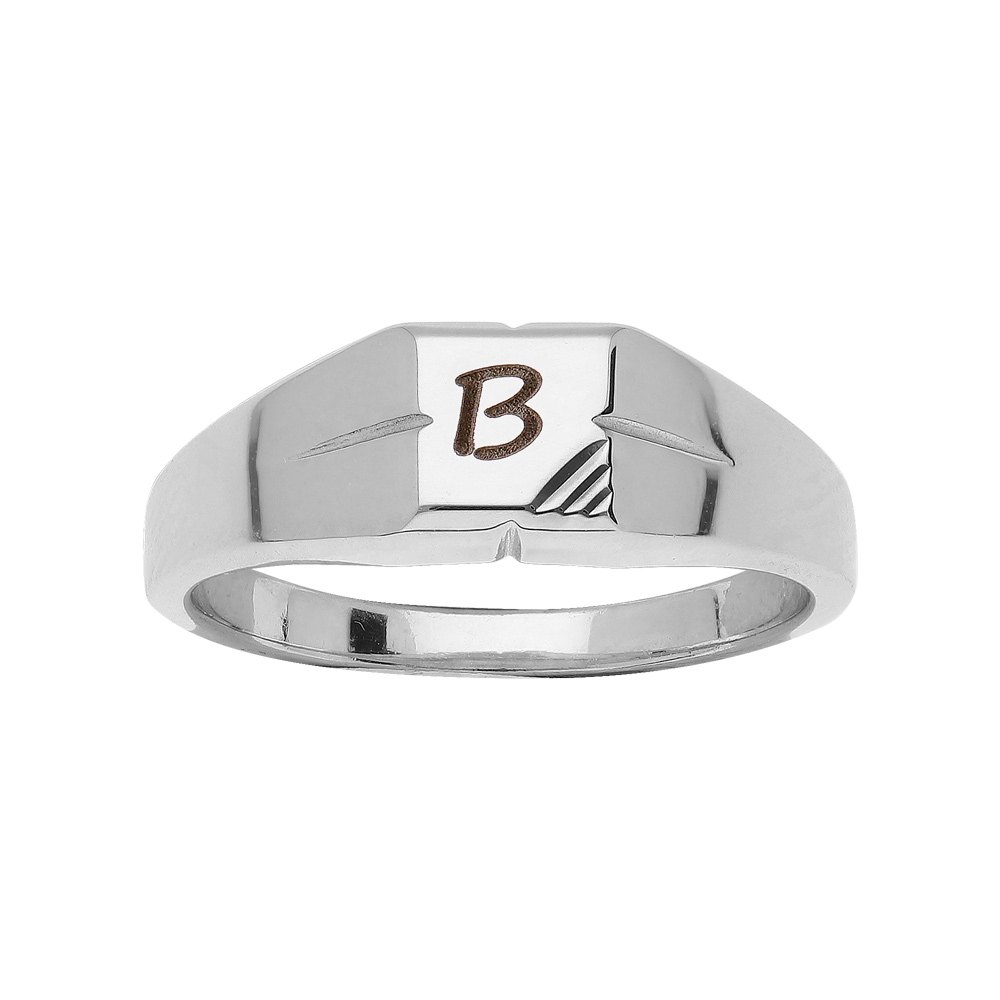 Chevali�re en argent rhodi� petit plateau carr� stri� dans l\'angle - Vue 1