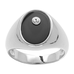 chevali�re en argent rhodi� petit plateau ovale en onyx avec 1 oxyde blanc 10x7mm