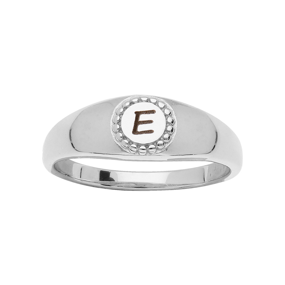Chevali�re en argent rhodi� petit plateau rond contour perl� - Vue 1