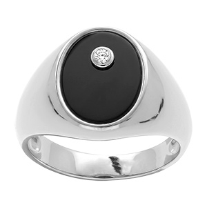 chevali�re en argent rhodi� plateau ovale en onyx avec 1 oxyde blanc 14x10mm