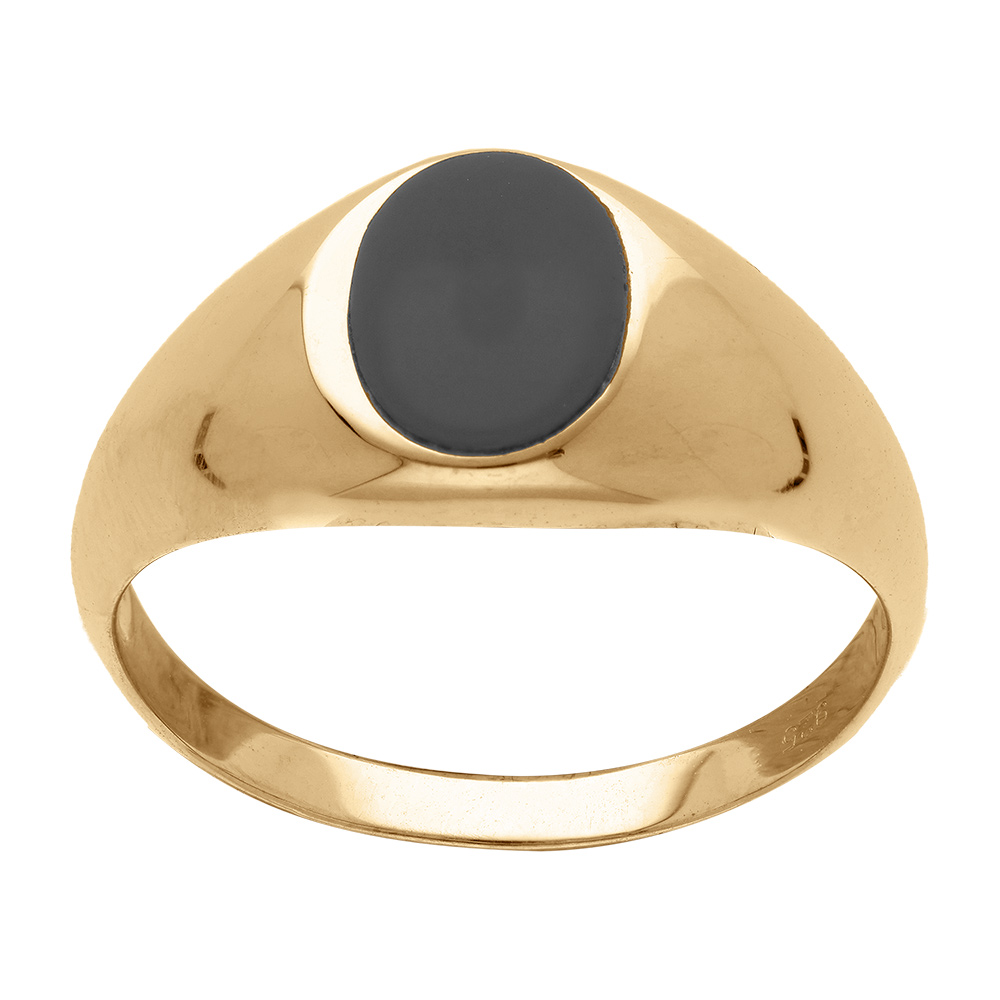 Chevali�re en plaqu� or plateau oval en onyx synth�tique 9x7mm - Vue 1