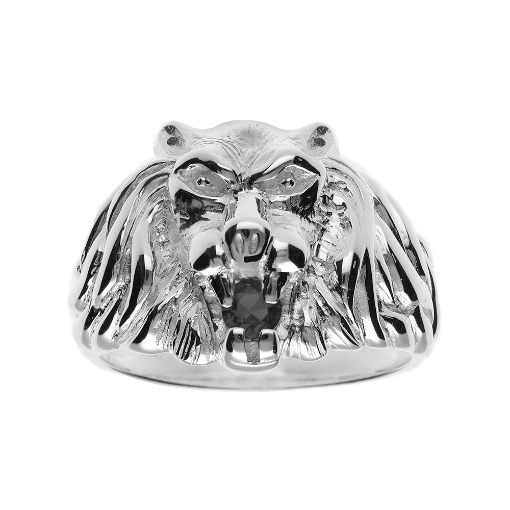 Chevali�re lion en argent gros mod�le avec oxyde noir entre les dents - Vue 1