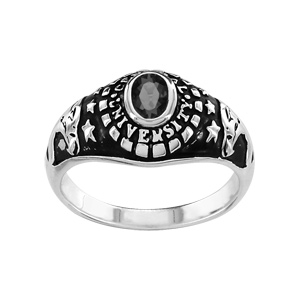 Chevalière universitaire argent tête d\'aigle pierre noire - petit modèle - Vue 1