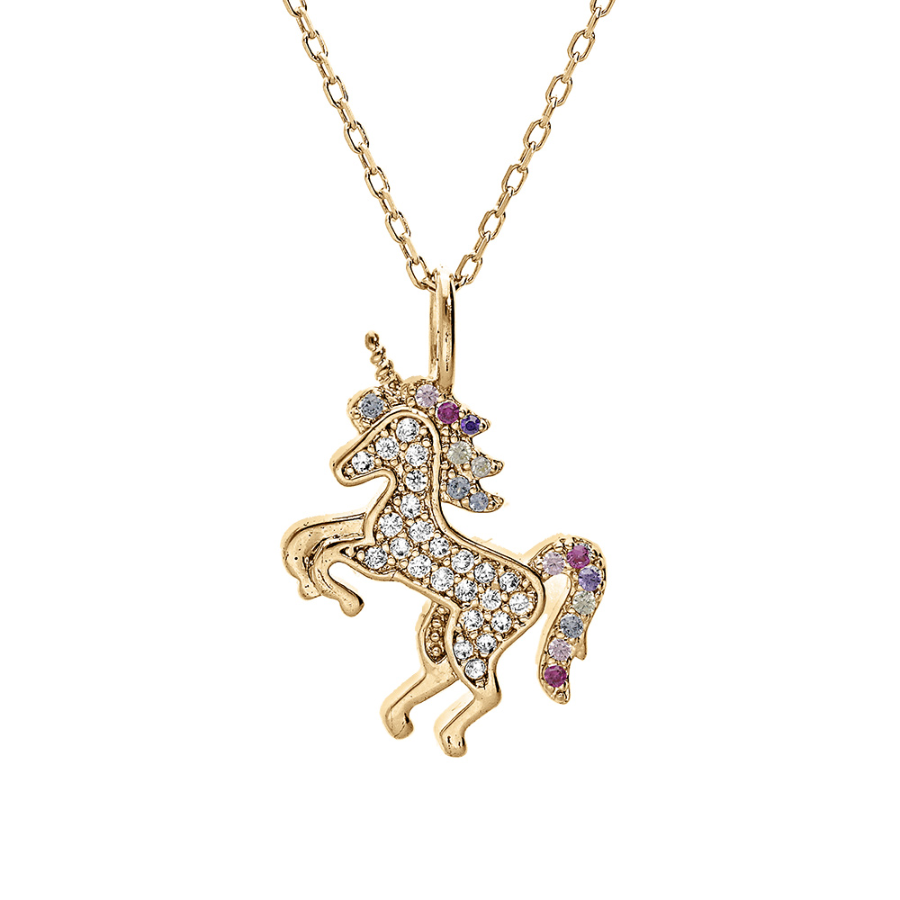 Coller en vermeil pendentif massif licorne orn�e d\'oxydes multi couleurs sertis - 38+5cm - Vue 1