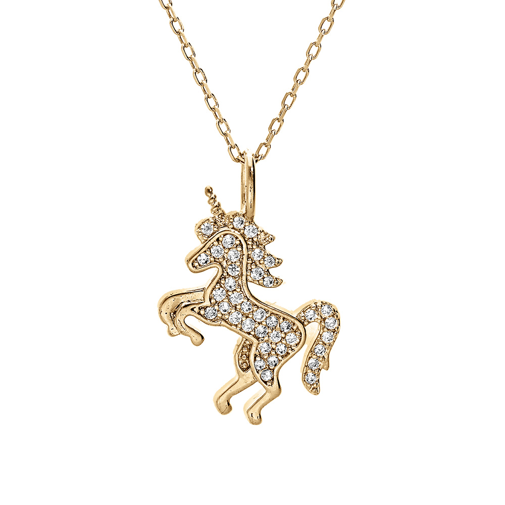 Coller en vermeil pendentif massif licorne orn�e d\' oxydes blancs sertis - 38+5cm - Vue 1